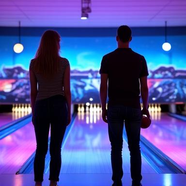 Un coach di bowling professionista che mostra la corretta tecnica di lancio a un giocatore attento, con le piste illuminate sullo sfondo.