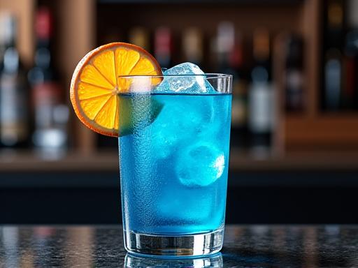 Un vivace cocktail blu con una fetta d'arancia e ghiaccio, elegantemente posizionato sul bancone di un bar moderno.