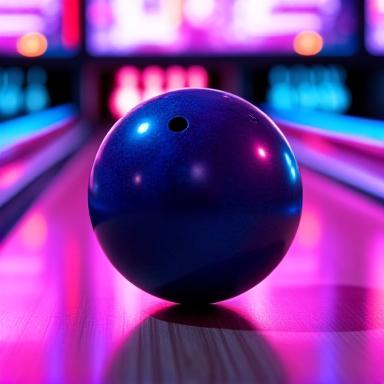 Palla da bowling viola e blu su una pista illuminata da vivaci luci al neon, pronta per uno strike.