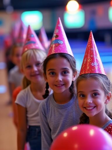 Bambini sorridenti e festosi durante una festa di compleanno alle piste da bowling di Stella Pista.