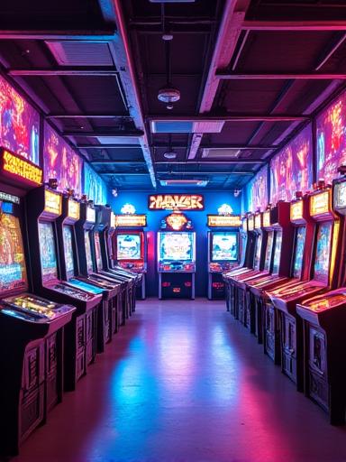 La sala arcade di Stella Pista, ricca di luci al neon colorate che illuminano giochi e macchine.